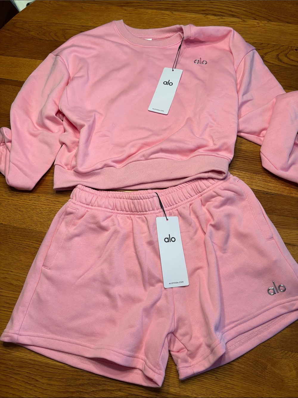 ALO Yoga Pink Cropped Sweatshirt & Shorts Set